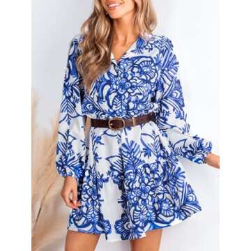 CUPSHE Women's Blue Floral Tunic Long Sleeve Dress