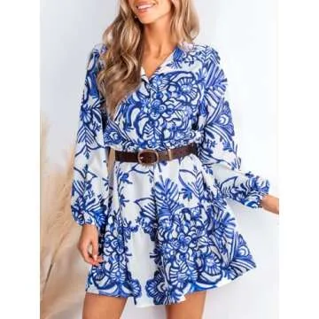 CUPSHE Women's Blue Floral Tunic Long Sleeve Dress