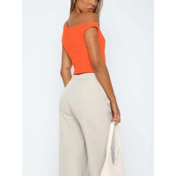 ForeFair Womens Off Shoulder Tops Sleeveless Going Out Crop Tank Tops Slim Fitted Shirts Summer Outfits Y2K Cute Tops(S,Orange)