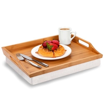 ROSSIE Home Bamboo Wood Bed Tray Lap Desk with Detachable Cushion, Serving Tray - Natural - Fits up ...