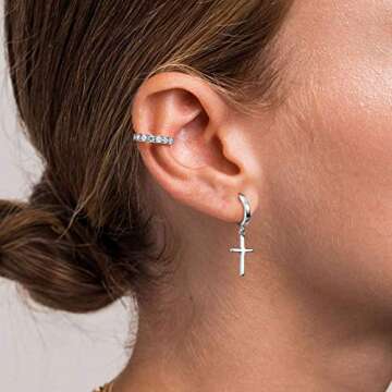 925 Sterling Silver Cross Huggie Hoop Earrings, Minimalist Cross Charm Dangle Drop Earrings Dainty Cross Hoop Earrings Women Men