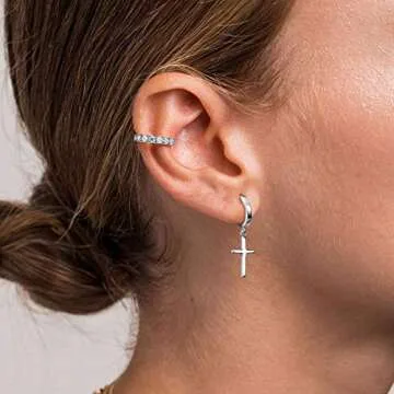 925 Sterling Silver Cross Huggie Hoop Earrings, Minimalist Cross Charm Dangle Drop Earrings Dainty Cross Hoop Earrings Women Men