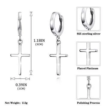 925 Sterling Silver Cross Huggie Hoop Earrings, Minimalist Cross Charm Dangle Drop Earrings Dainty Cross Hoop Earrings Women Men