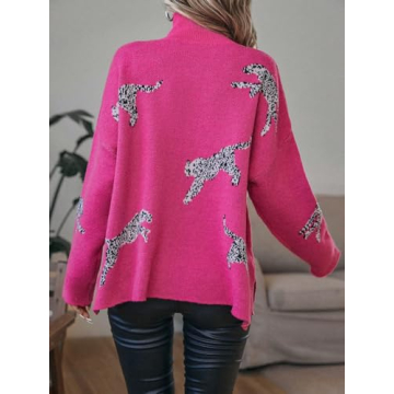 WDIRARA Women's Leopard Print High Neck Long Sleeve Sweater Casual Knit Pullovers Pink L