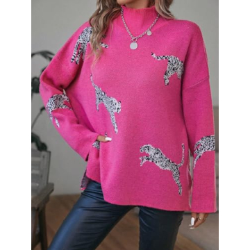 WDIRARA Women's Leopard Print High Neck Long Sleeve Sweater Casual Knit Pullovers Pink L