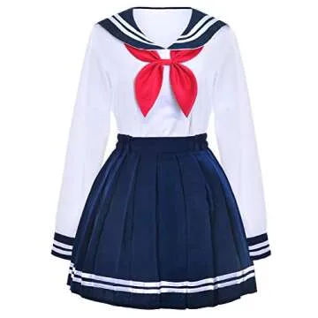 Japanese School Girls Uniform Sailor Navy Blue Pleated Skirt Anime Cosplay Set