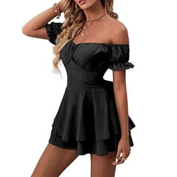 LYANER Women's Off the Shoulder Wrap Tie Up Back Ruffle Short Sleeve Romper Short Jumpsuit Black Small
