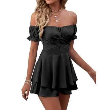 LYANER Women's Off the Shoulder Wrap Tie Up Back Ruffle Short Sleeve Romper Short Jumpsuit Black Small