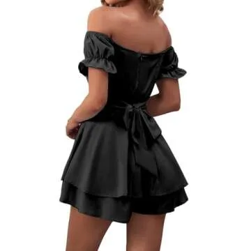 LYANER Women's Off the Shoulder Wrap Tie Up Back Ruffle Short Sleeve Romper Short Jumpsuit Black Small