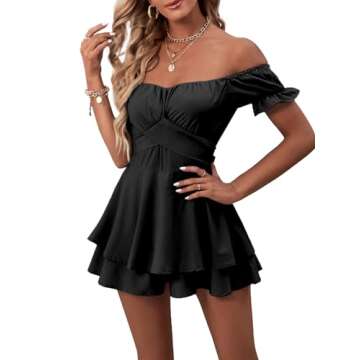 LYANER Women's Off the Shoulder Wrap Tie Up Back Ruffle Short Sleeve Romper Short Jumpsuit Black Small