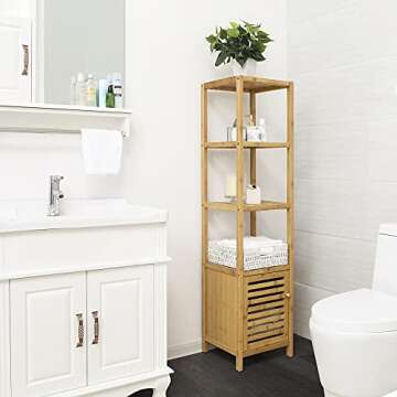 SONGMICS Bamboo Bathroom Storage Floor Cabinet, 4 Tiers Multifunctional Floor Shelving Unit, Free St...