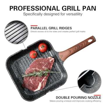 Kordisen Nonstick Grilling Pan for Stove Tops, 11 Inch Square Grill Pan for Indoor Cooking, Granite Coating Grill Skillet with Pour Spouts, Versatile Griddle, Induction Steak Pan, PFOA Free