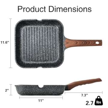Kordisen Nonstick Grilling Pan for Stove Tops, 11 Inch Square Grill Pan for Indoor Cooking, Granite Coating Grill Skillet with Pour Spouts, Versatile Griddle, Induction Steak Pan, PFOA Free