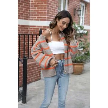 QIBABU Womens Striped Cardigan Sweaters Casual Open Front Long Sleeve Button Down Knit Outwear(2132-Brown-L-QB)