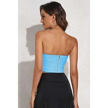 Women's Vintage Strapless Open Back Boned Mesh Bustier Zip Back Corset Bodyshaper Crop Top