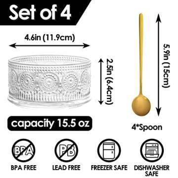Swetwiny Glass Bowl 4 Pack Ice Cream Bowls, 15.5 Ounce Glass Serving Bowl Dessert Bowls Setwith Gold Spoon Trifle Bowl For Dessert, Ice Cream, Cereal, Nuts, Pudding (Sunflower)