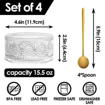 Swetwiny Glass Bowl 4 Pack Ice Cream Bowls, 15.5 Ounce Glass Serving Bowl Dessert Bowls Setwith Gold Spoon Trifle Bowl For Dessert, Ice Cream, Cereal, Nuts, Pudding (Sunflower)