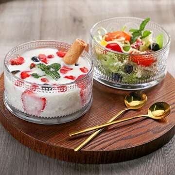 Swetwiny Glass Bowl 4 Pack Ice Cream Bowls, 15.5 Ounce Glass Serving Bowl Dessert Bowls Setwith Gold Spoon Trifle Bowl For Dessert, Ice Cream, Cereal, Nuts, Pudding (Sunflower)