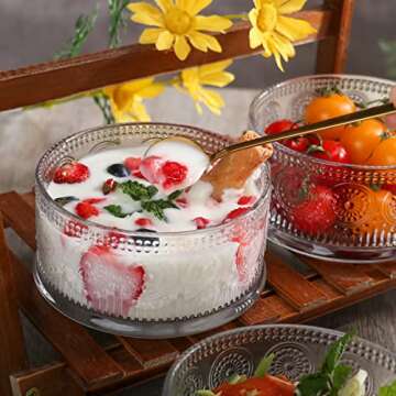 Swetwiny Glass Bowl 4 Pack Ice Cream Bowls, 15.5 Ounce Glass Serving Bowl Dessert Bowls Setwith Gold Spoon Trifle Bowl For Dessert, Ice Cream, Cereal, Nuts, Pudding (Sunflower)