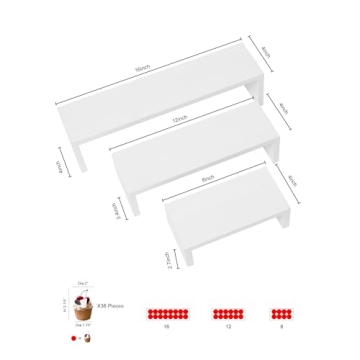 HPC DECOR 3PCS Wood Display Riser Stands- 8'' 12'' & 16'' Decorative Wooden Tabletop Tiered Display Risers for Cupcake Dessert- Modern Farmhouse Nesting Display Risers for Home, Restaurant & Party