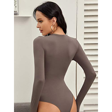 Floerns Women's Round Neck Long Sleeve Bodysuit in Brown