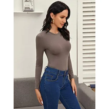 Floerns Women's Round Neck Long Sleeve Bodysuit in Brown