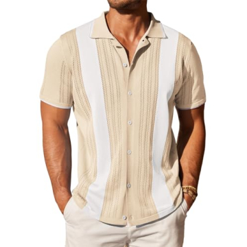 COOFANDY Mens Vintage Knit Button Down Shirts Short Sleeve Casual Camp Cuban Shirt Beach Tops Blue W...