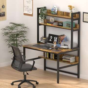 Aquzee Computer Desk with Hutch, 47in Storage Table for Study and Work