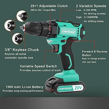 COMOWARE 20V Cordless Drill Set with 34pcs Bits Fast Charger