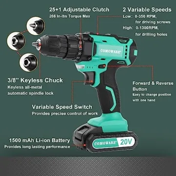 COMOWARE 20V Cordless Drill Set with 34pcs Bits Fast Charger