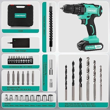 COMOWARE 20V Cordless Drill Set with 34pcs Bits Fast Charger
