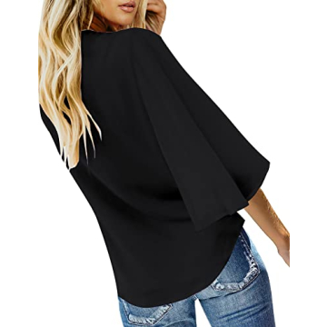 luvamia Women's Casual V Neck Tops 3/4 Sleeve Tie Knot Blouses Womens Holiday Tops Womens Tops Dressy Casual Tops for Women Casual Elegant Button Down Shirt Black Size Large Fits Size 12 / Size 14