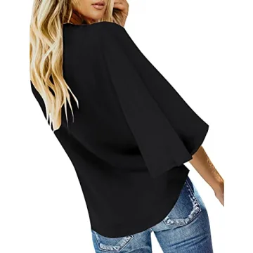 luvamia Women's Casual V Neck Tops 3/4 Sleeve Tie Knot Blouses Womens Holiday Tops Womens Tops Dressy Casual Tops for Women Casual Elegant Button Down Shirt Black Size Large Fits Size 12 / Size 14