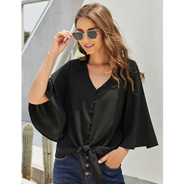 luvamia Women's Casual V Neck Tops 3/4 Sleeve Tie Knot Blouses Womens Holiday Tops Womens Tops Dressy Casual Tops for Women Casual Elegant Button Down Shirt Black Size Large Fits Size 12 / Size 14