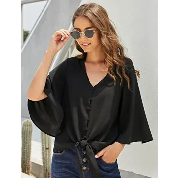 luvamia Women's Casual V Neck Tops 3/4 Sleeve Tie Knot Blouses Womens Holiday Tops Womens Tops Dressy Casual Tops for Women Casual Elegant Button Down Shirt Black Size Large Fits Size 12 / Size 14