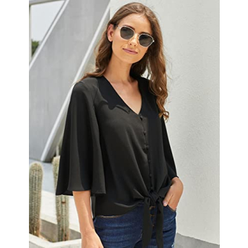luvamia Women's Casual V Neck Tops 3/4 Sleeve Tie Knot Blouses Womens Holiday Tops Womens Tops Dressy Casual Tops for Women Casual Elegant Button Down Shirt Black Size Large Fits Size 12 / Size 14