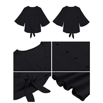 luvamia Women's Casual V Neck Tops 3/4 Sleeve Tie Knot Blouses Womens Holiday Tops Womens Tops Dressy Casual Tops for Women Casual Elegant Button Down Shirt Black Size Large Fits Size 12 / Size 14