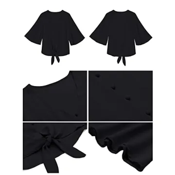luvamia Women's Casual V Neck Tops 3/4 Sleeve Tie Knot Blouses Womens Holiday Tops Womens Tops Dressy Casual Tops for Women Casual Elegant Button Down Shirt Black Size Large Fits Size 12 / Size 14