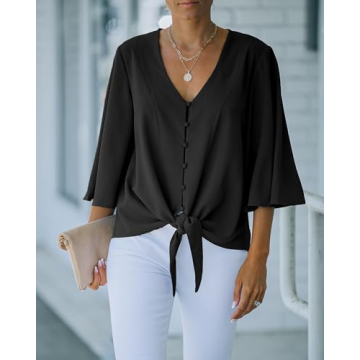 luvamia Women's Casual V Neck Tops 3/4 Sleeve Tie Knot Blouses Womens Holiday Tops Womens Tops Dressy Casual Tops for Women Casual Elegant Button Down Shirt Black Size Large Fits Size 12 / Size 14