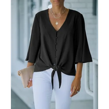 luvamia Women's Casual V Neck Tops 3/4 Sleeve Tie Knot Blouses Womens Holiday Tops Womens Tops Dressy Casual Tops for Women Casual Elegant Button Down Shirt Black Size Large Fits Size 12 / Size 14