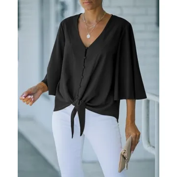 luvamia Women's Casual V Neck Tops 3/4 Sleeve Tie Knot Blouses Womens Holiday Tops Womens Tops Dressy Casual Tops for Women Casual Elegant Button Down Shirt Black Size Large Fits Size 12 / Size 14