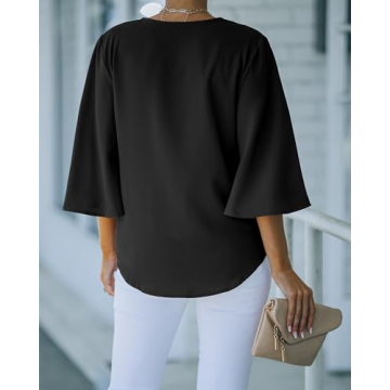 luvamia Women's Casual V Neck Tops 3/4 Sleeve Tie Knot Blouses Womens Holiday Tops Womens Tops Dressy Casual Tops for Women Casual Elegant Button Down Shirt Black Size Large Fits Size 12 / Size 14
