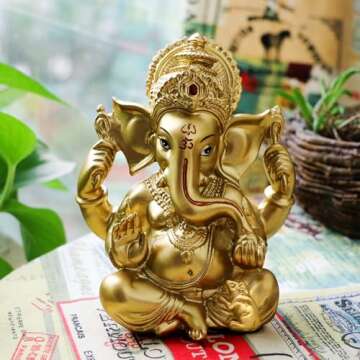 Indian Ganesh Statue Diwali Decor - Hindu God Diwali Gifts Small Golden Color Lord Ganesha Idol Home Mandir Pooja Murti Item Meditation Yoga Room Altar Decor Diwali Puja Gifts for Indian