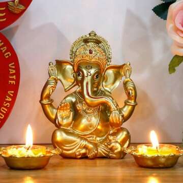 Indian Ganesh Statue Diwali Decor - Hindu God Diwali Gifts Small Golden Color Lord Ganesha Idol Home Mandir Pooja Murti Item Meditation Yoga Room Altar Decor Diwali Puja Gifts for Indian