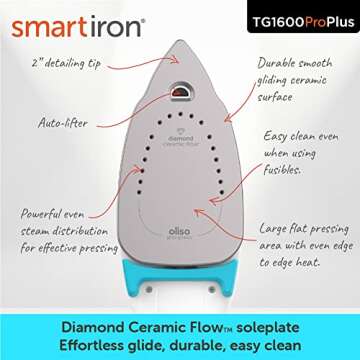 Oliso TG1600 Pro Plus 1800 Watt SmartIron with Auto Lift - for Clothes, Sewing, Quilting and Crafting Ironing | Diamond Ceramic-Flow Soleplate Steam Iron, Turquoise