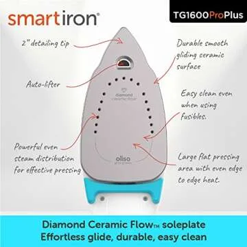 Oliso TG1600 Pro Plus 1800 Watt SmartIron with Auto Lift - for Clothes, Sewing, Quilting and Crafting Ironing | Diamond Ceramic-Flow Soleplate Steam Iron, Turquoise