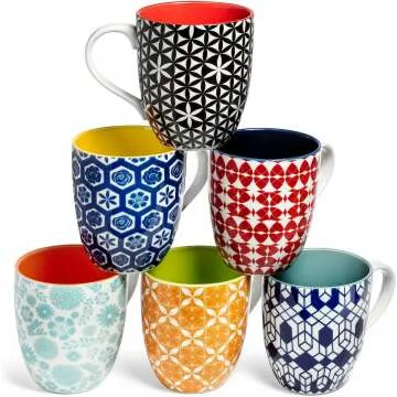 Annovero Set of 6 Colorful Modern Porcelain Coffee Mugs - 16oz