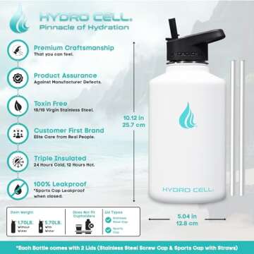 HYDRO CELL Stainless Steel Insulated Water Bottle with Straw - For Cold & Hot Drinks - Metal Vacuum Flask with Screw Cap and Modern Leakproof Sport Thermos for Kids & Adults (White 64oz)