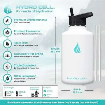 HYDRO CELL Stainless Steel Insulated Water Bottle with Straw - For Cold & Hot Drinks - Metal Vacuum Flask with Screw Cap and Modern Leakproof Sport Thermos for Kids & Adults (White 64oz)