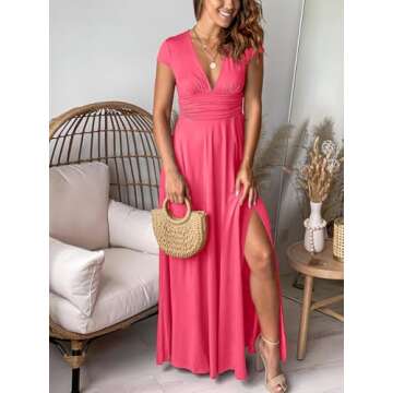 ANRABESS Women Summer Deep V Neck Short Sleeve Slit 2025 Elegant Formal Wedding Guest Cocktail Eveni...